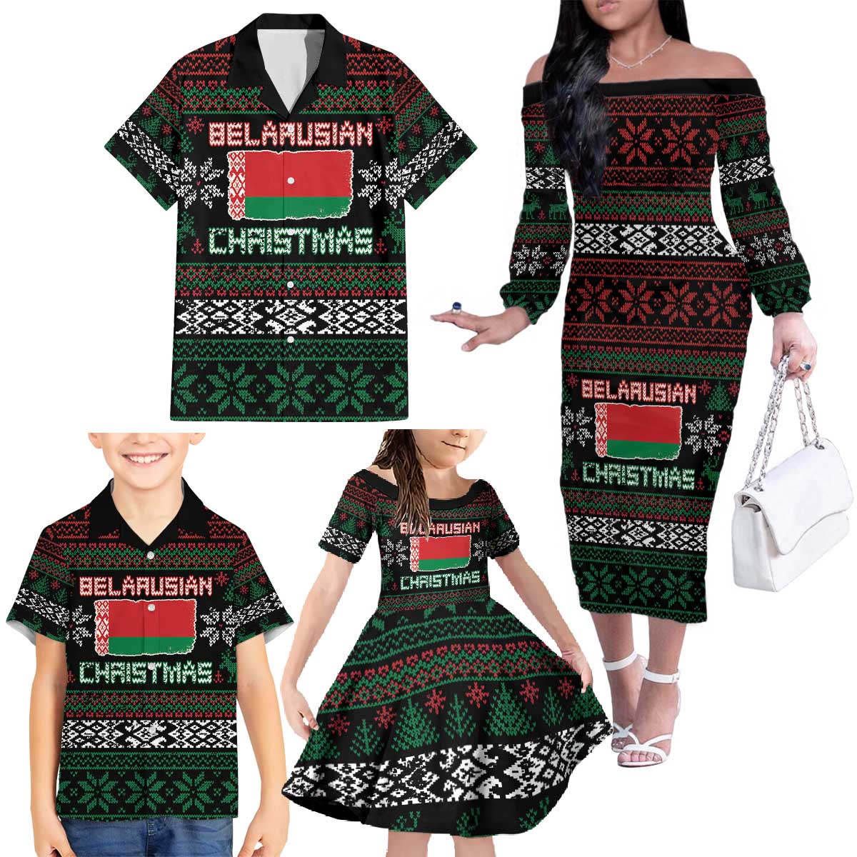 Belarus Christmas Family Matching Off The Shoulder Long Sleeve Dress and Hawaiian Shirt Flag With Belarusian Patterns - Wonder Print Shop