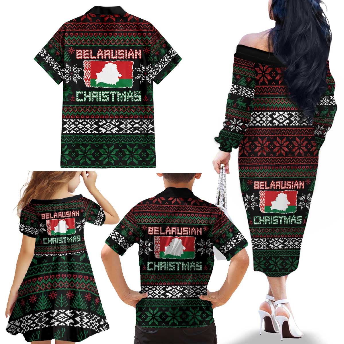 Belarus Christmas Family Matching Off The Shoulder Long Sleeve Dress and Hawaiian Shirt Flag With Belarusian Patterns - Wonder Print Shop