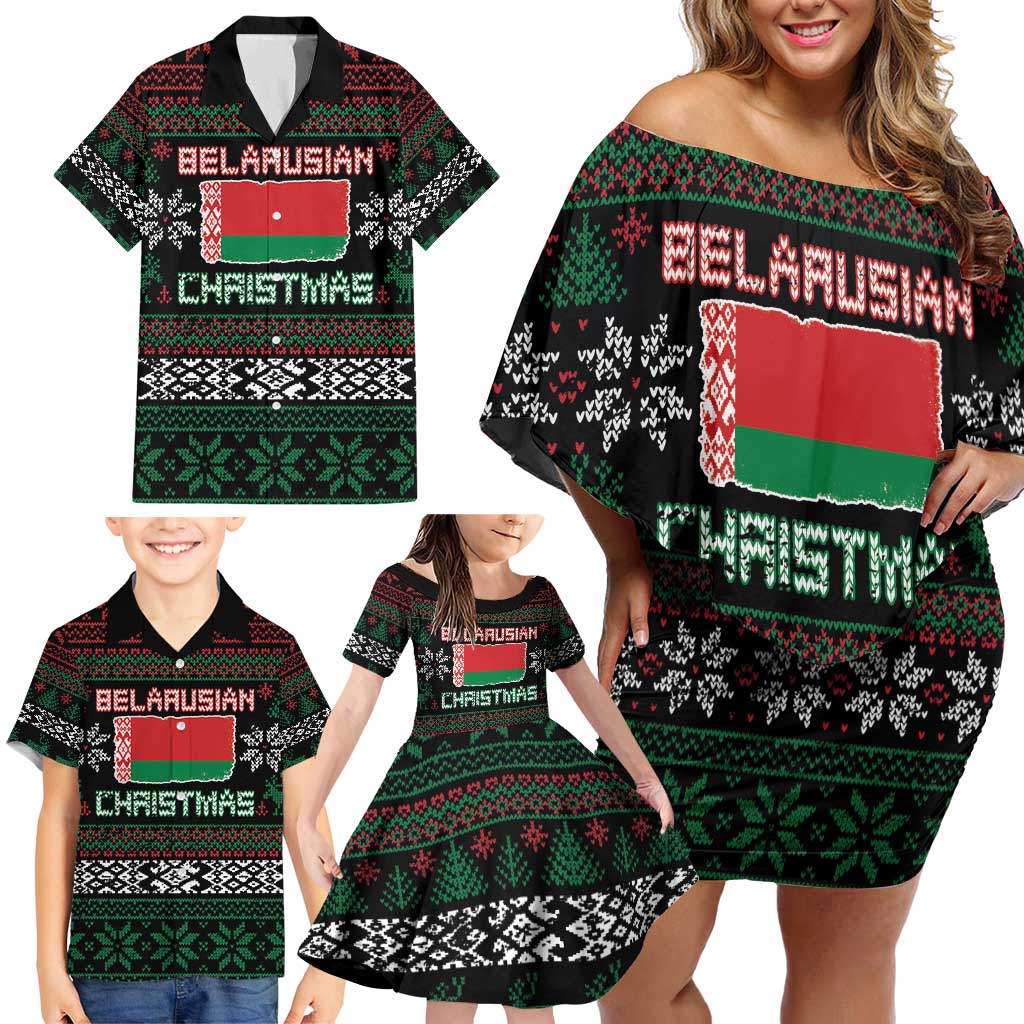 Belarus Christmas Family Matching Off Shoulder Short Dress and Hawaiian Shirt Flag With Belarusian Patterns - Wonder Print Shop