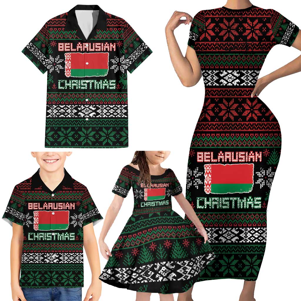 Belarus Christmas Family Matching Short Sleeve Bodycon Dress and Hawaiian Shirt Flag With Belarusian Patterns - Wonder Print Shop
