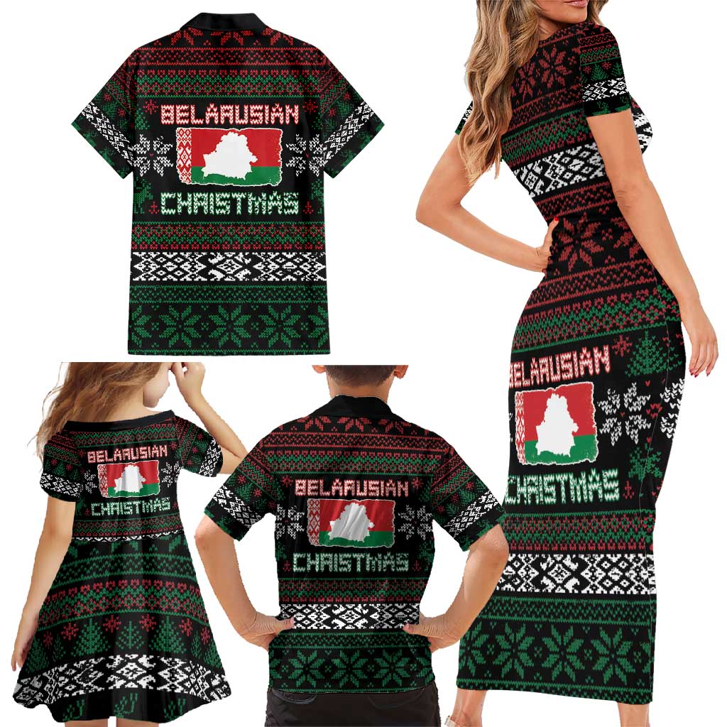 Belarus Christmas Family Matching Short Sleeve Bodycon Dress and Hawaiian Shirt Flag With Belarusian Patterns - Wonder Print Shop