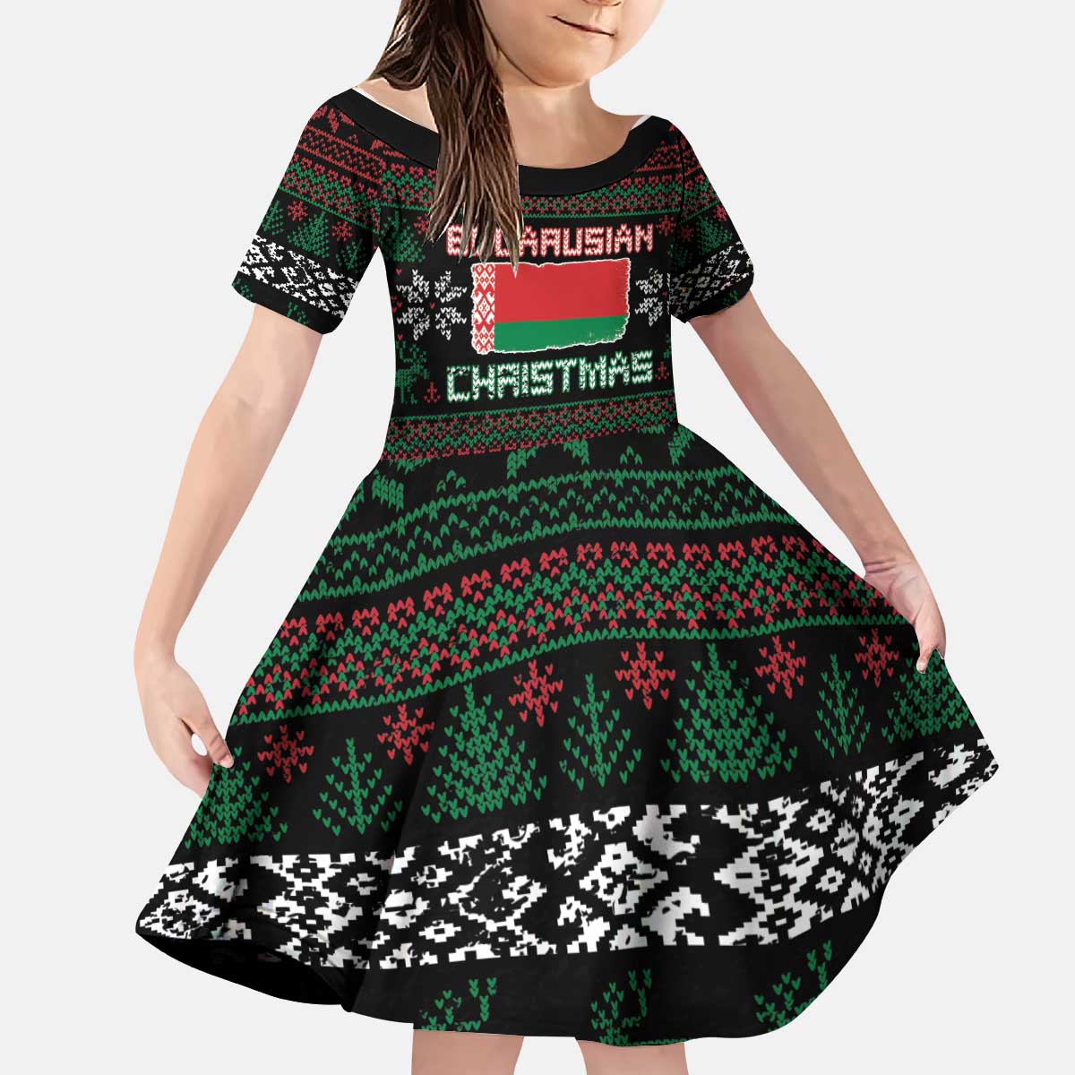 Belarus Christmas Kid Short Sleeve Dress Flag With Belarusian Patterns - Wonder Print Shop