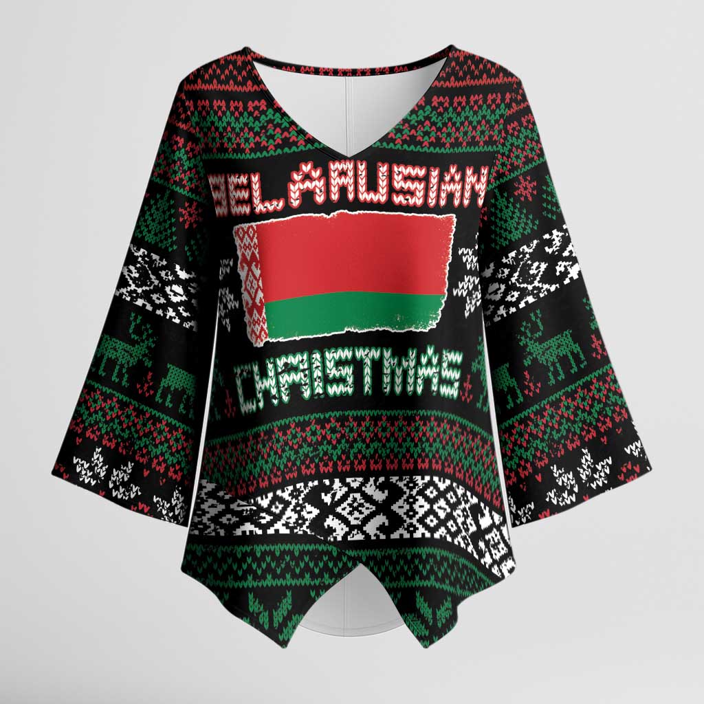 Belarus Christmas Kimono Sleeve Blouse Flag With Belarusian Patterns - Wonder Print Shop