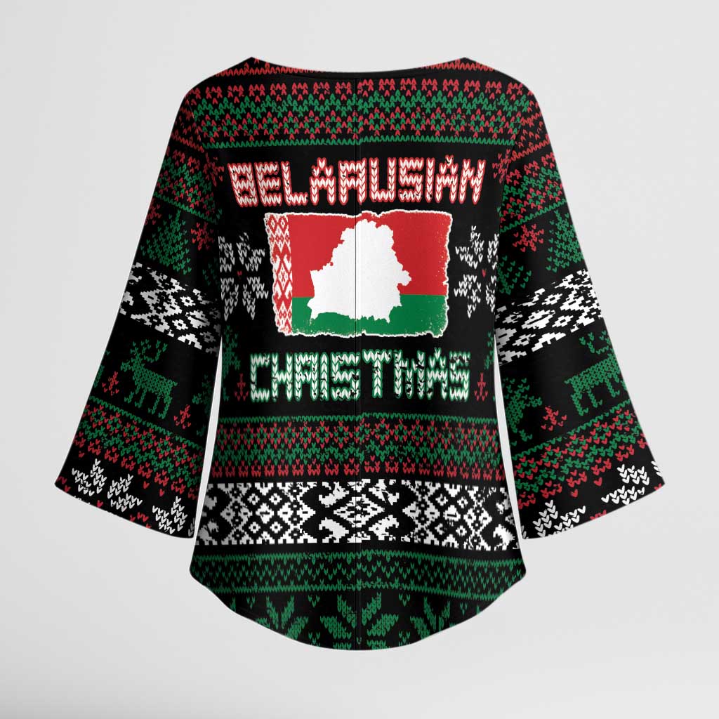 Belarus Christmas Kimono Sleeve Blouse Flag With Belarusian Patterns - Wonder Print Shop