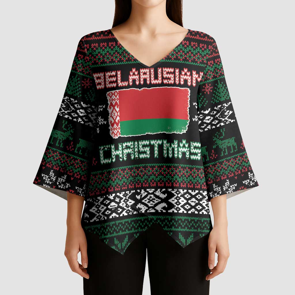 Belarus Christmas Kimono Sleeve Blouse Flag With Belarusian Patterns - Wonder Print Shop
