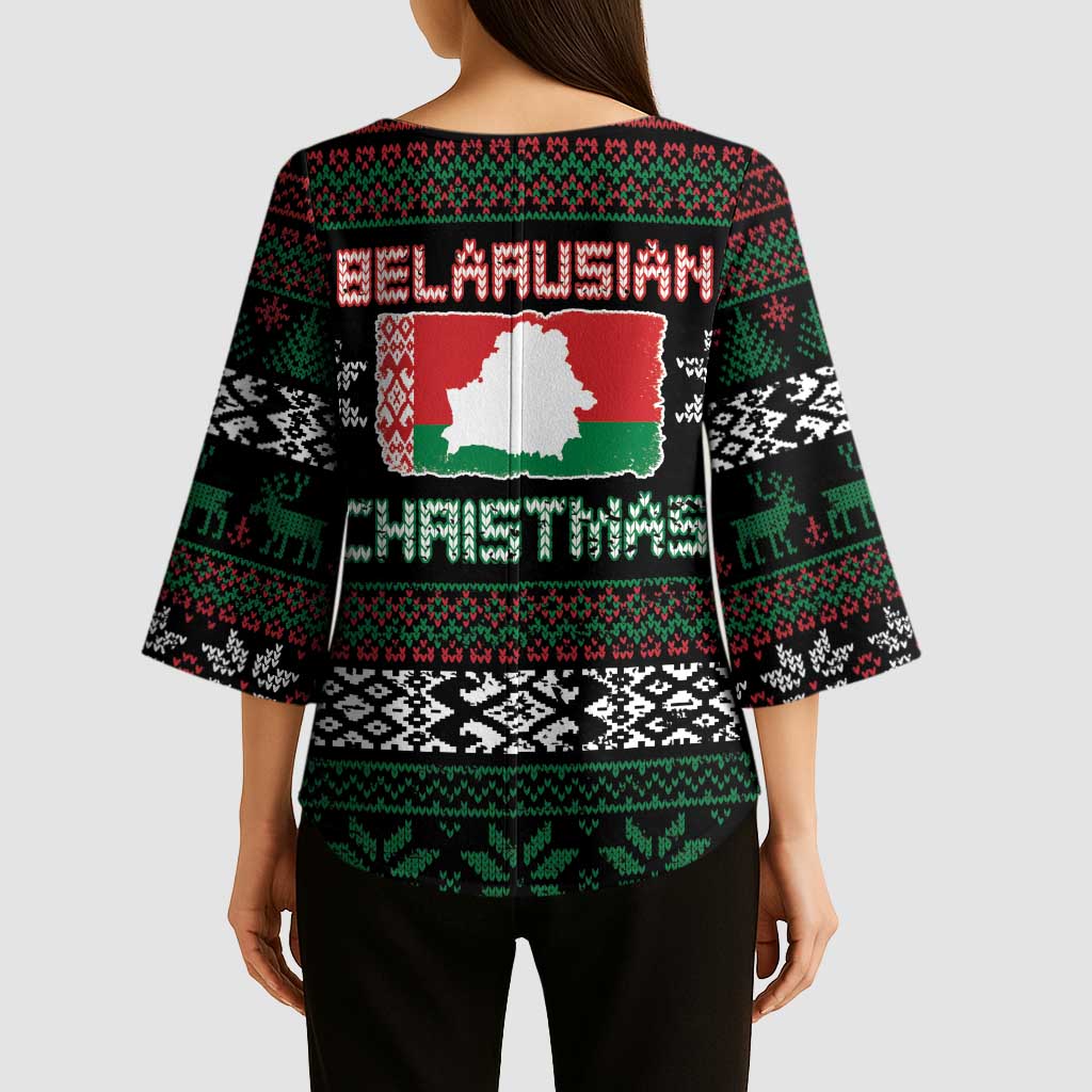 Belarus Christmas Kimono Sleeve Blouse Flag With Belarusian Patterns - Wonder Print Shop