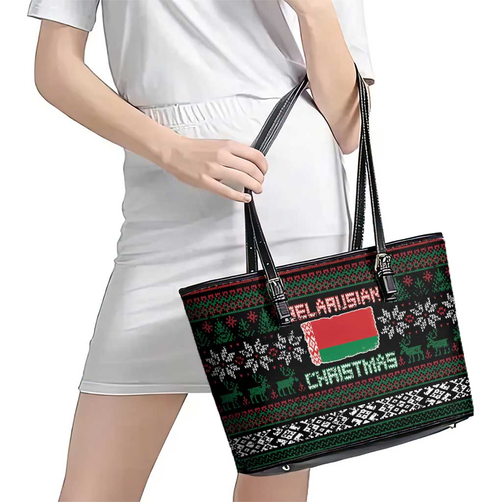 Belarus Christmas Leather Tote Bag Flag With Belarusian Patterns - Wonder Print Shop