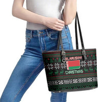Belarus Christmas Leather Tote Bag Flag With Belarusian Patterns - Wonder Print Shop