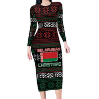 Belarus Christmas Long Sleeve Bodycon Dress Flag With Belarusian Patterns - Wonder Print Shop