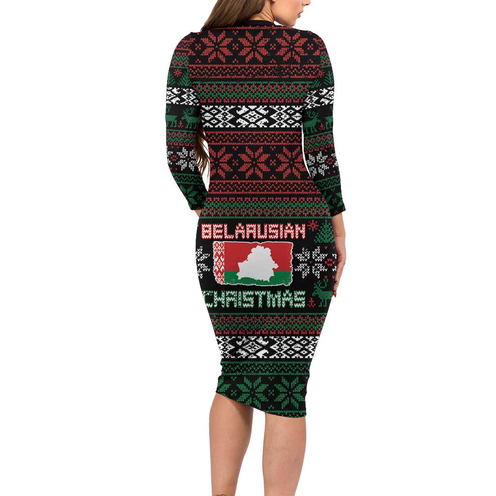 Belarus Christmas Long Sleeve Bodycon Dress Flag With Belarusian Patterns - Wonder Print Shop