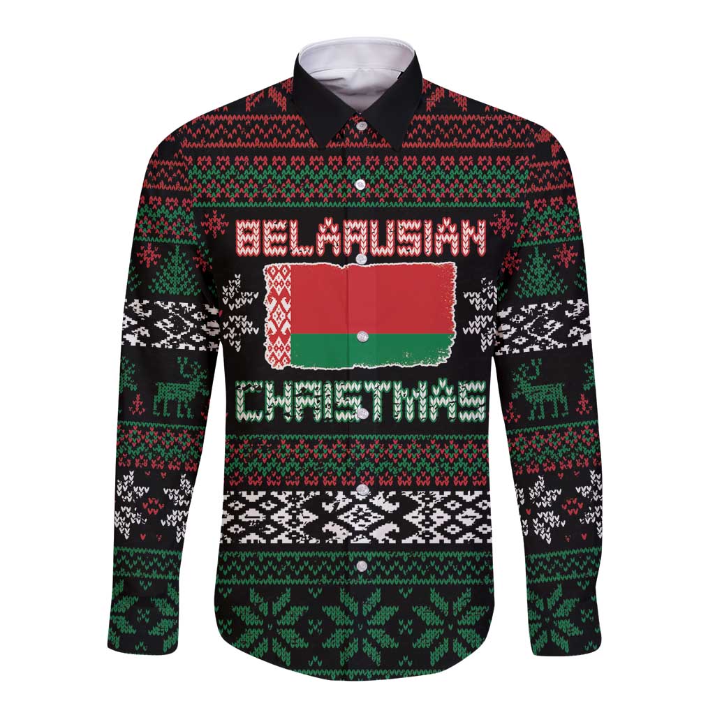 Belarus Christmas Long Sleeve Button Shirt Flag With Belarusian Patterns - Wonder Print Shop