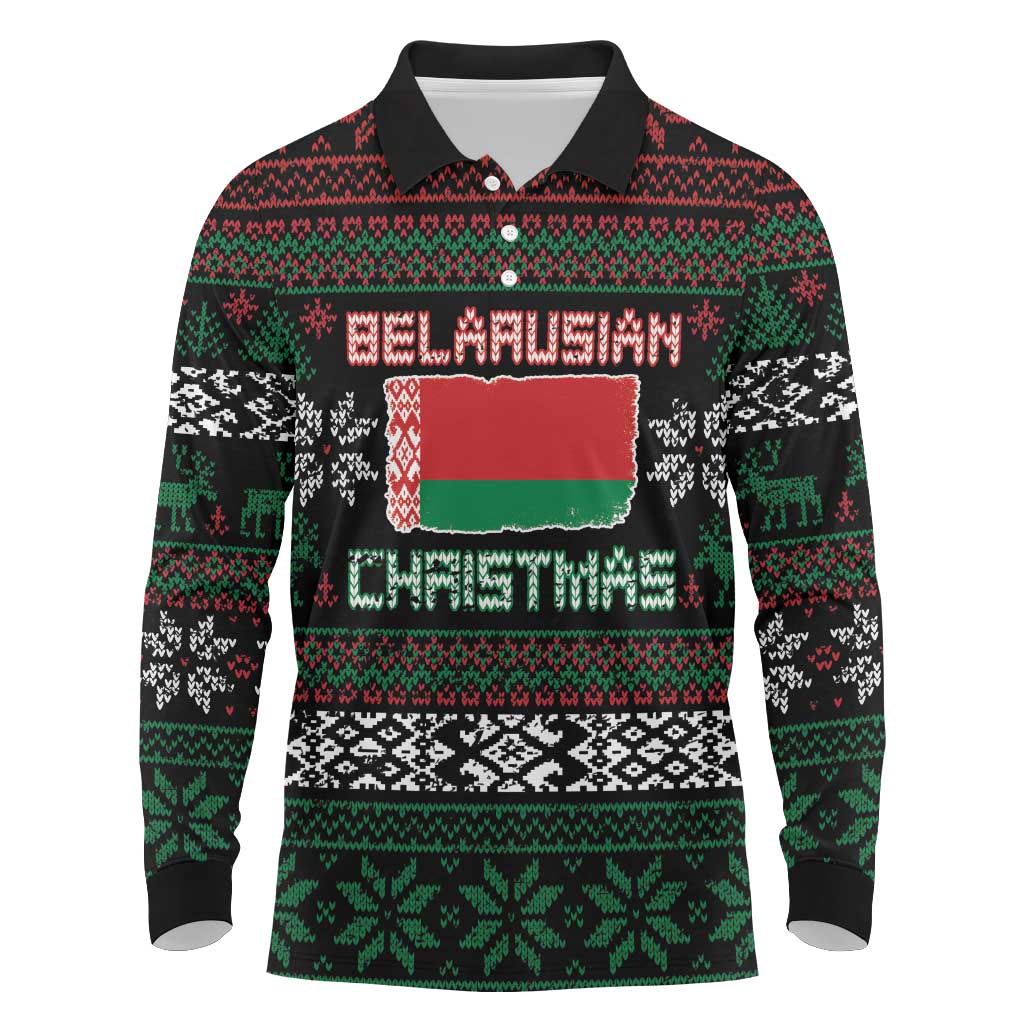 Belarus Christmas Long Sleeve Polo Shirt Flag With Belarusian Patterns - Wonder Print Shop