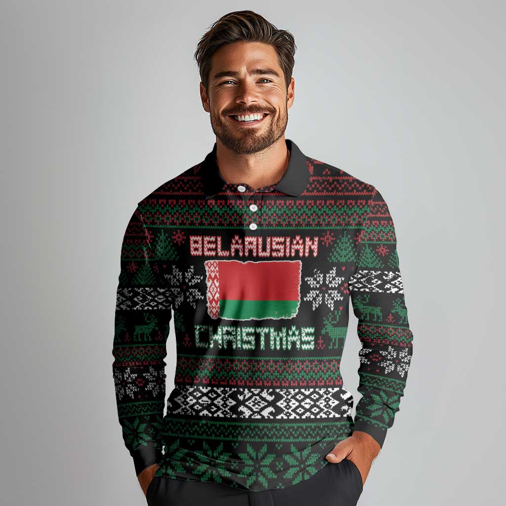 Belarus Christmas Long Sleeve Polo Shirt Flag With Belarusian Patterns - Wonder Print Shop