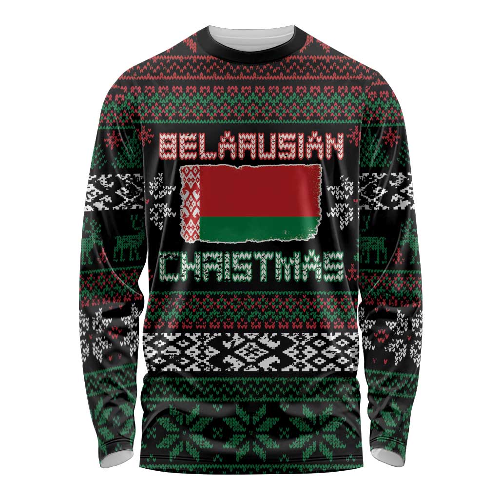 Belarus Christmas Long Sleeve Shirt Flag With Belarusian Patterns - Wonder Print Shop