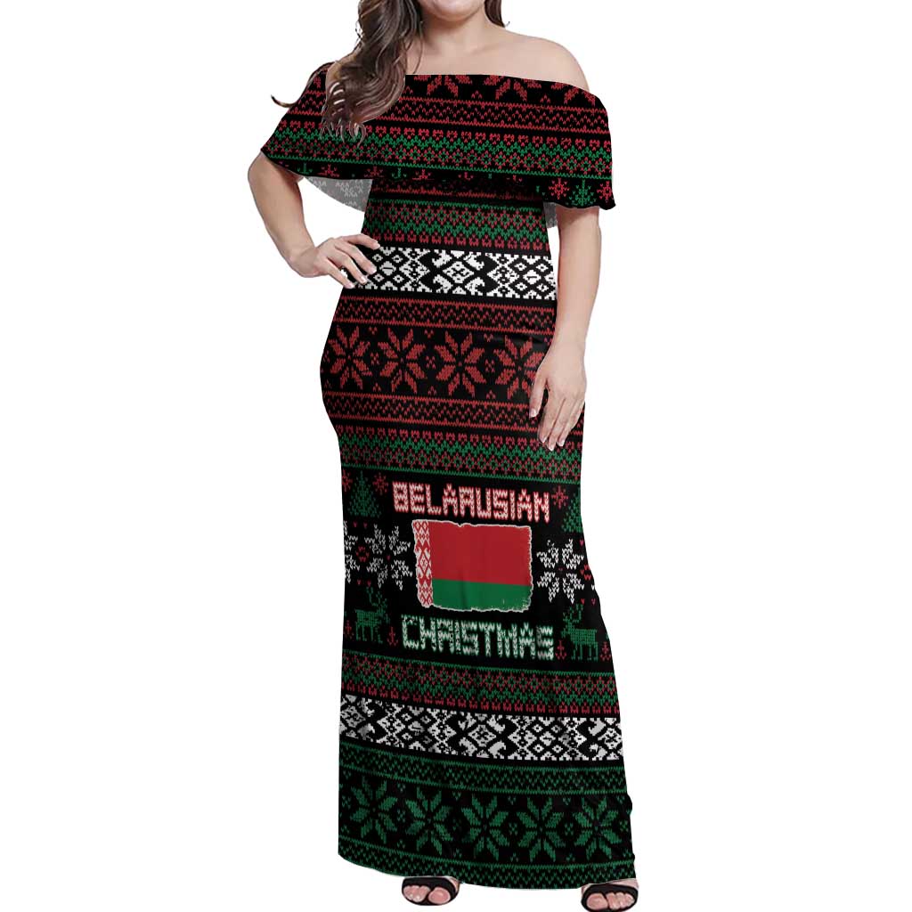 Belarus Christmas Off Shoulder Maxi Dress Flag With Belarusian Patterns - Wonder Print Shop