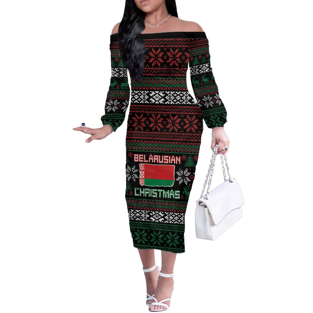 Belarus Christmas Off The Shoulder Long Sleeve Dress Flag With Belarusian Patterns - Wonder Print Shop