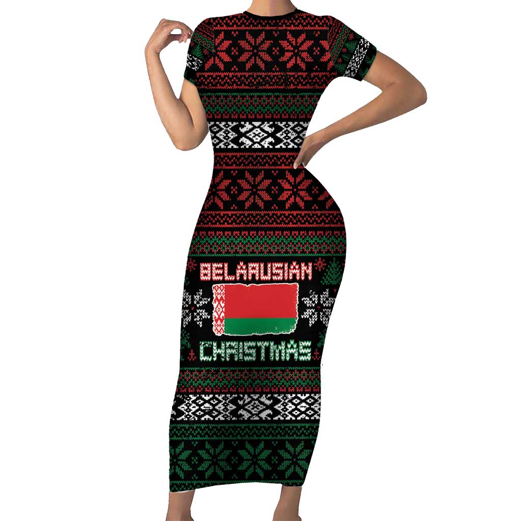 Belarus Christmas Short Sleeve Bodycon Dress Flag With Belarusian Patterns - Wonder Print Shop