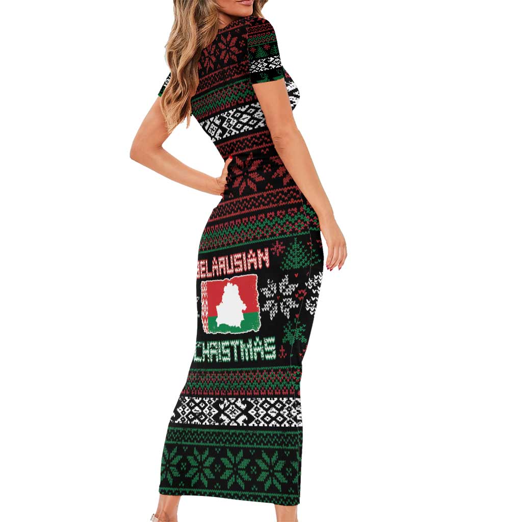 Belarus Christmas Short Sleeve Bodycon Dress Flag With Belarusian Patterns - Wonder Print Shop