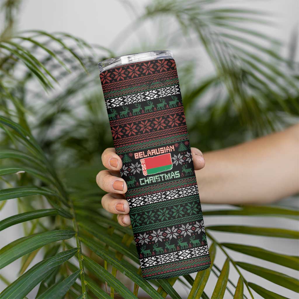 Belarus Christmas Skinny Tumbler Flag With Belarusian Patterns - Wonder Print Shop