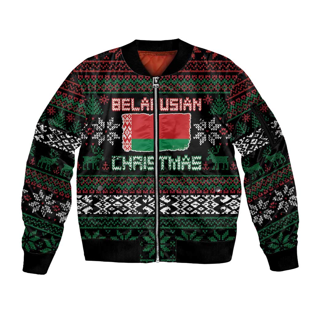 Belarus Christmas Sleeve Zip Bomber Jacket Flag With Belarusian Patterns - Wonder Print Shop