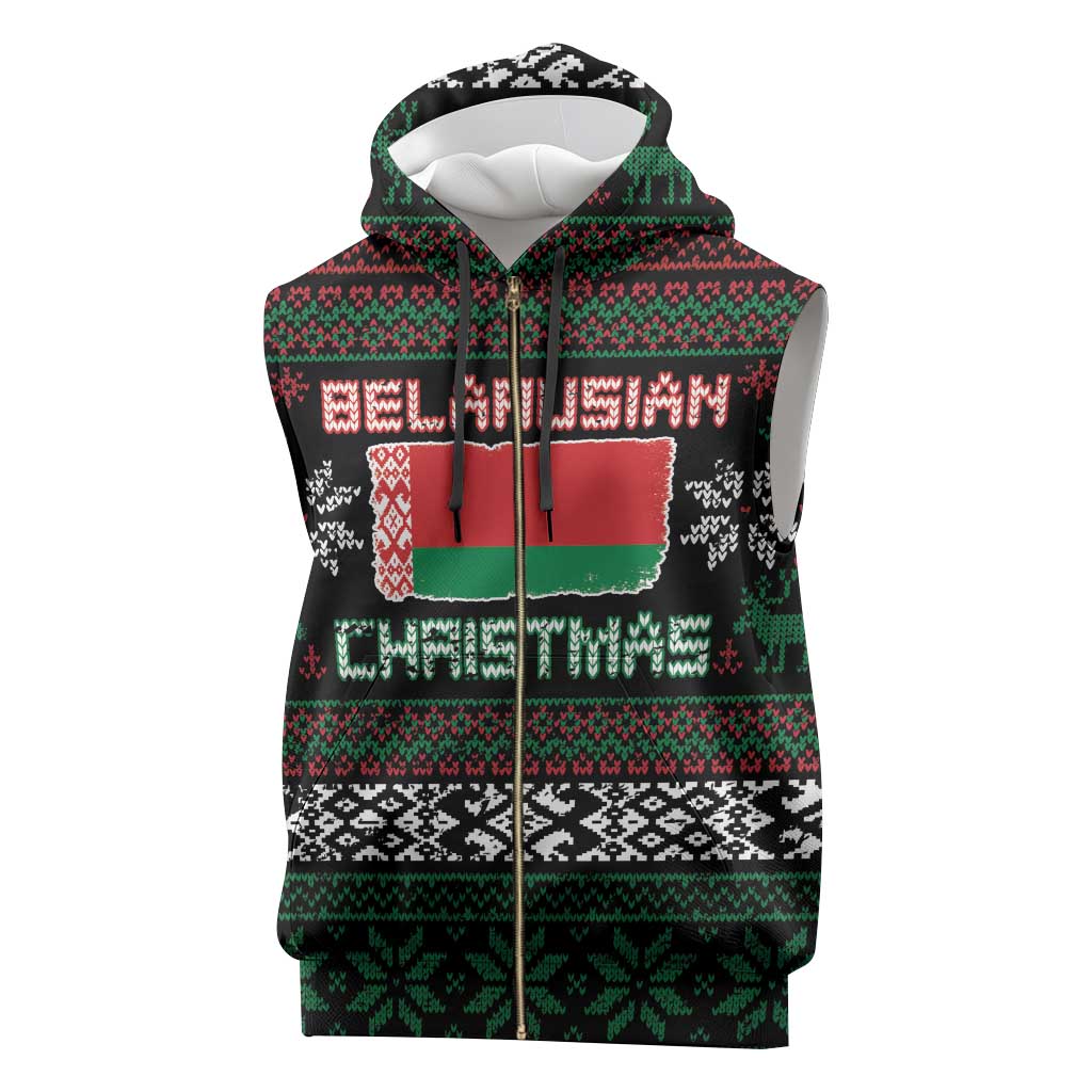 Belarus Christmas Sleeveless Zip Hoodie Flag With Belarusian Patterns - Wonder Print Shop