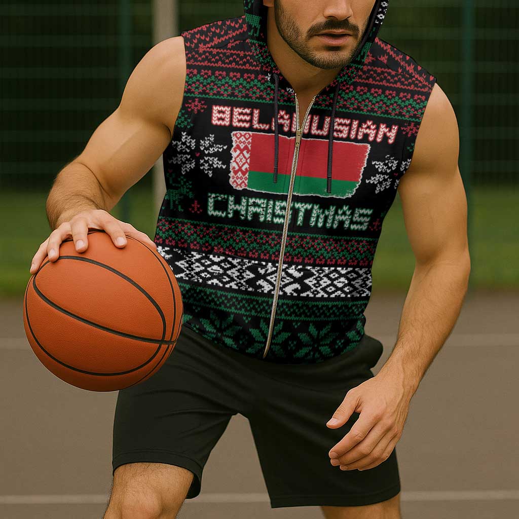 Belarus Christmas Sleeveless Zip Hoodie Flag With Belarusian Patterns - Wonder Print Shop