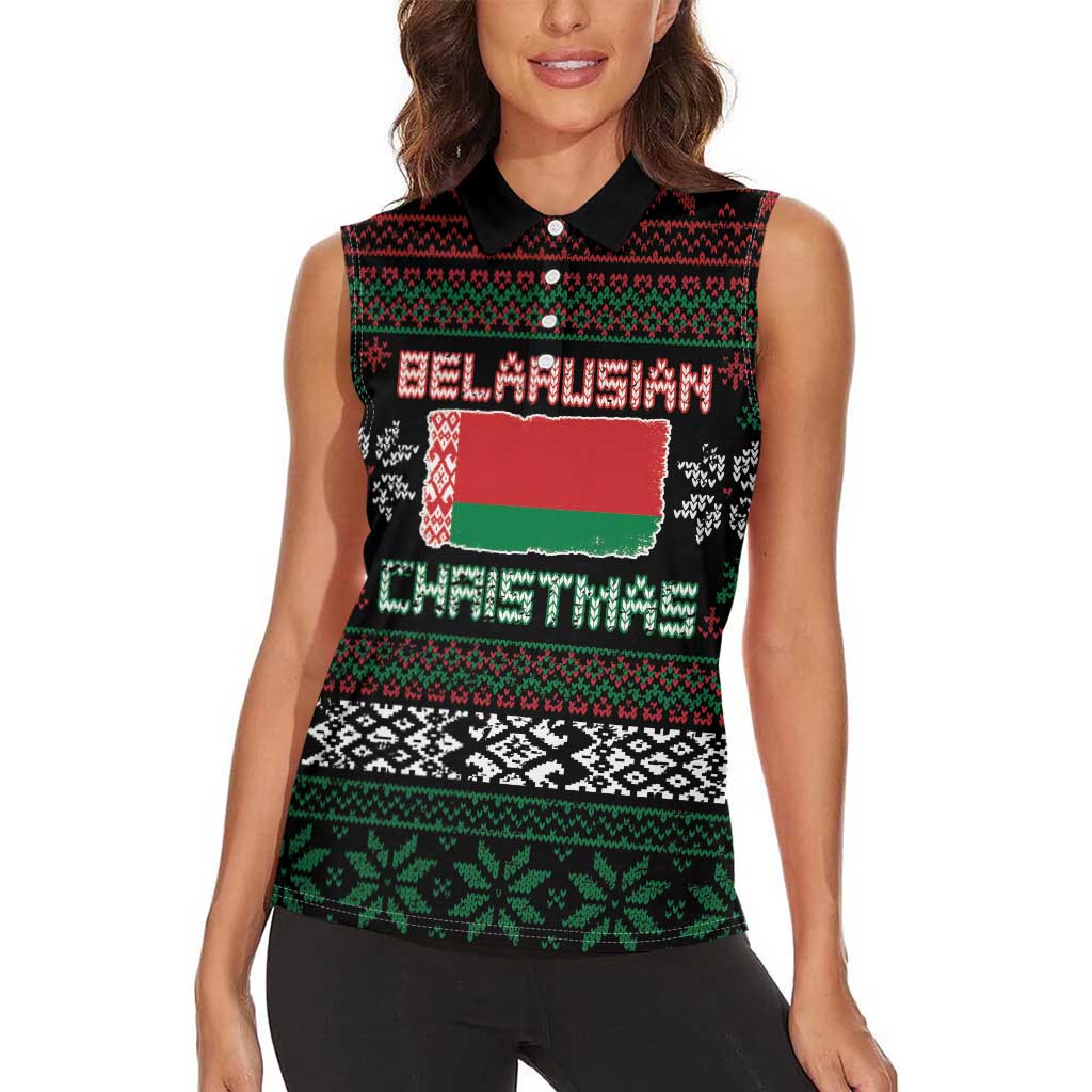 Belarus Christmas Women Sleeveless Polo Shirt Flag With Belarusian Patterns - Wonder Print Shop