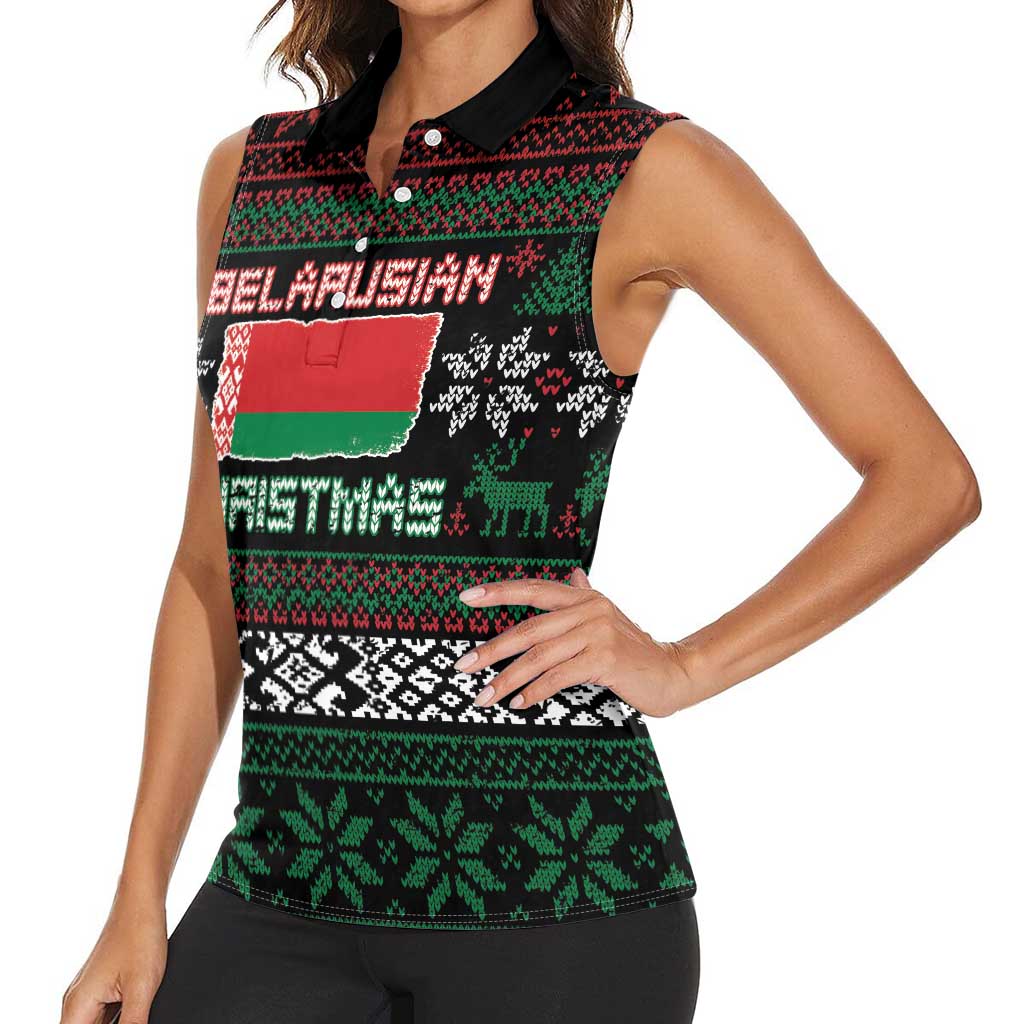 Belarus Christmas Women Sleeveless Polo Shirt Flag With Belarusian Patterns - Wonder Print Shop