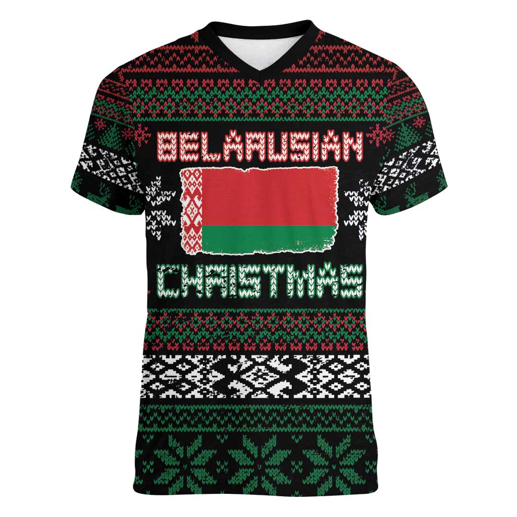 Belarus Christmas Women V-Neck T-Shirt Flag With Belarusian Patterns - Wonder Print Shop