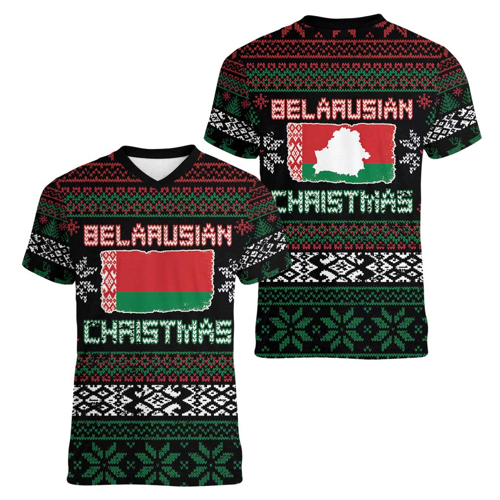 Belarus Christmas Women V-Neck T-Shirt Flag With Belarusian Patterns - Wonder Print Shop
