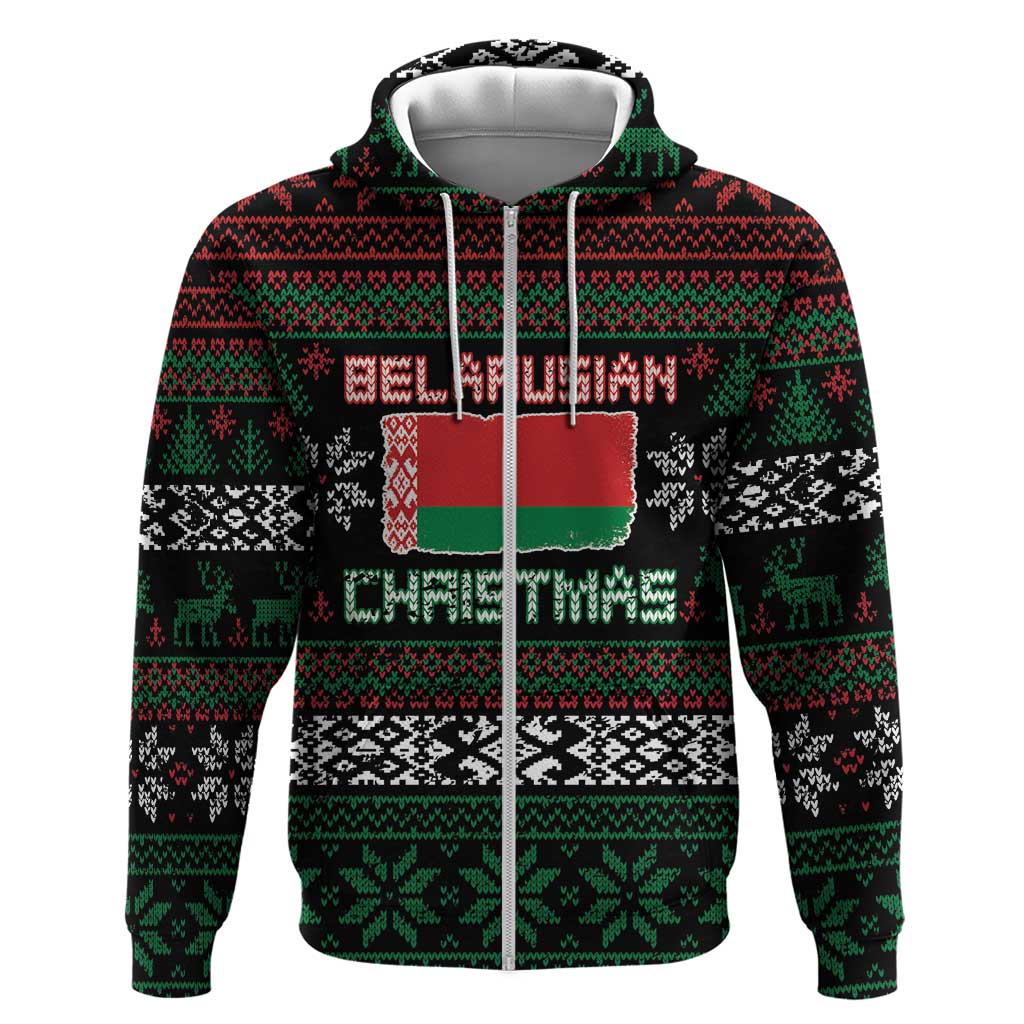 Belarus Christmas Zip Hoodie Flag With Belarusian Patterns - Wonder Print Shop