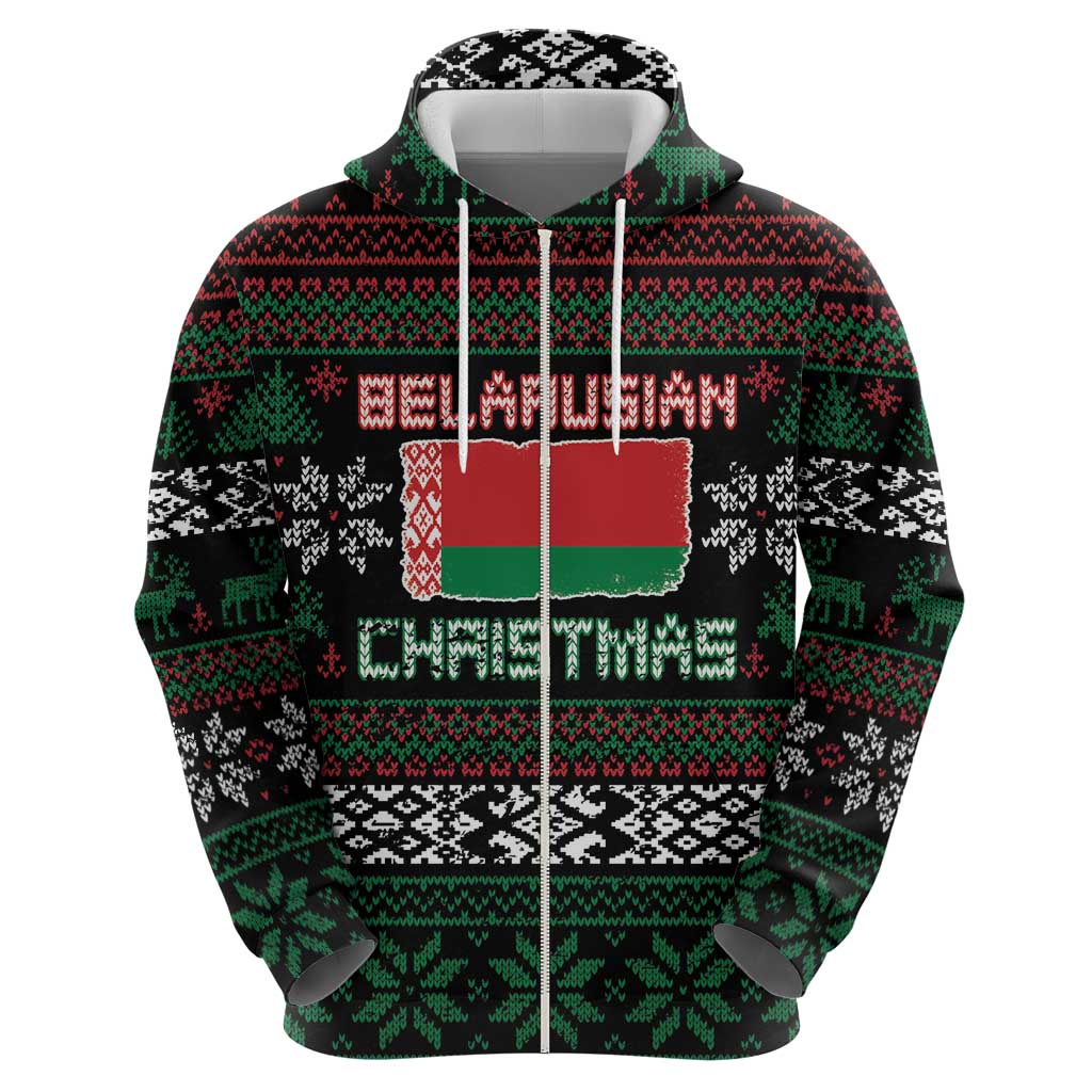 Belarus Christmas Zip Hoodie Flag With Belarusian Patterns - Wonder Print Shop