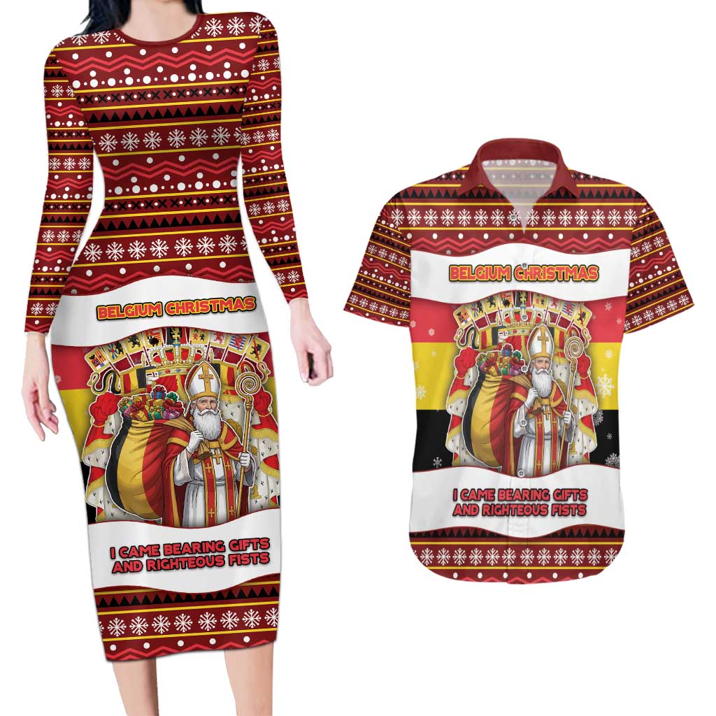 Personalized Belgium Couples Matching Long Sleeve Bodycon Dress and Hawaiian Shirt Saint Nicholas With Patterns Xmas - Wonder Print Shop