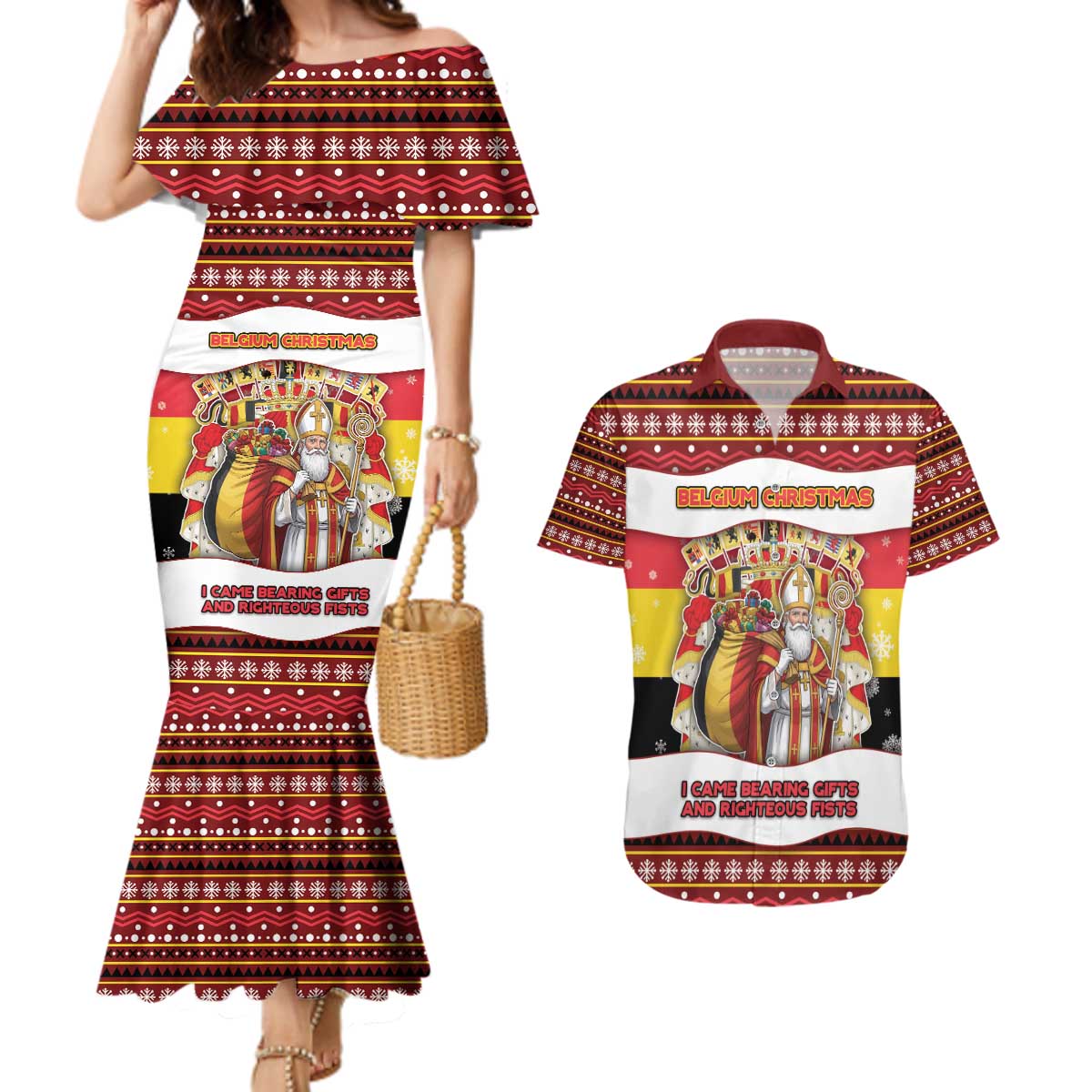 Personalized Belgium Couples Matching Mermaid Dress and Hawaiian Shirt Saint Nicholas With Patterns Xmas - Wonder Print Shop