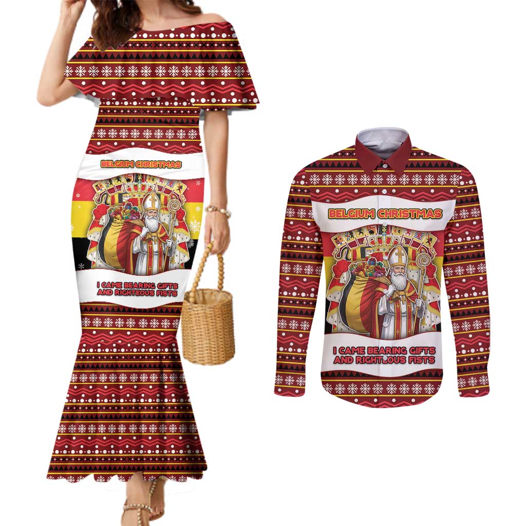Personalized Belgium Couples Matching Mermaid Dress and Long Sleeve Button Shirt Saint Nicholas With Patterns Xmas - Wonder Print Shop