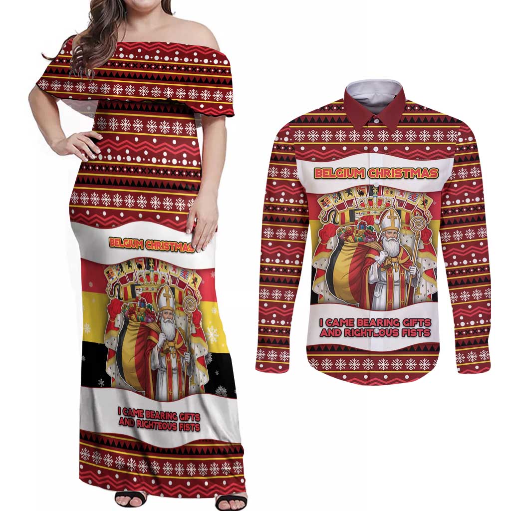 Personalized Belgium Couples Matching Off Shoulder Maxi Dress and Long Sleeve Button Shirt Saint Nicholas With Patterns Xmas - Wonder Print Shop