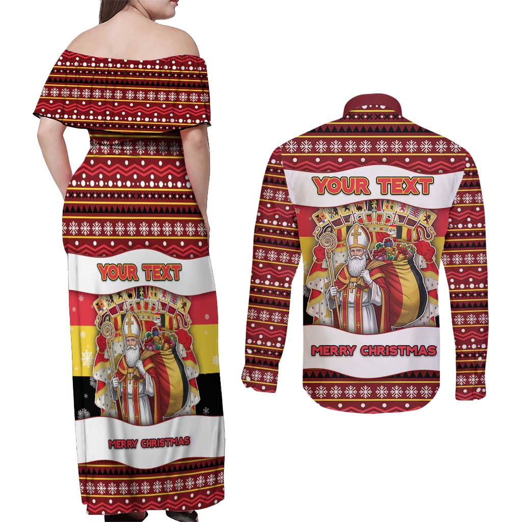 Personalized Belgium Couples Matching Off Shoulder Maxi Dress and Long Sleeve Button Shirt Saint Nicholas With Patterns Xmas - Wonder Print Shop