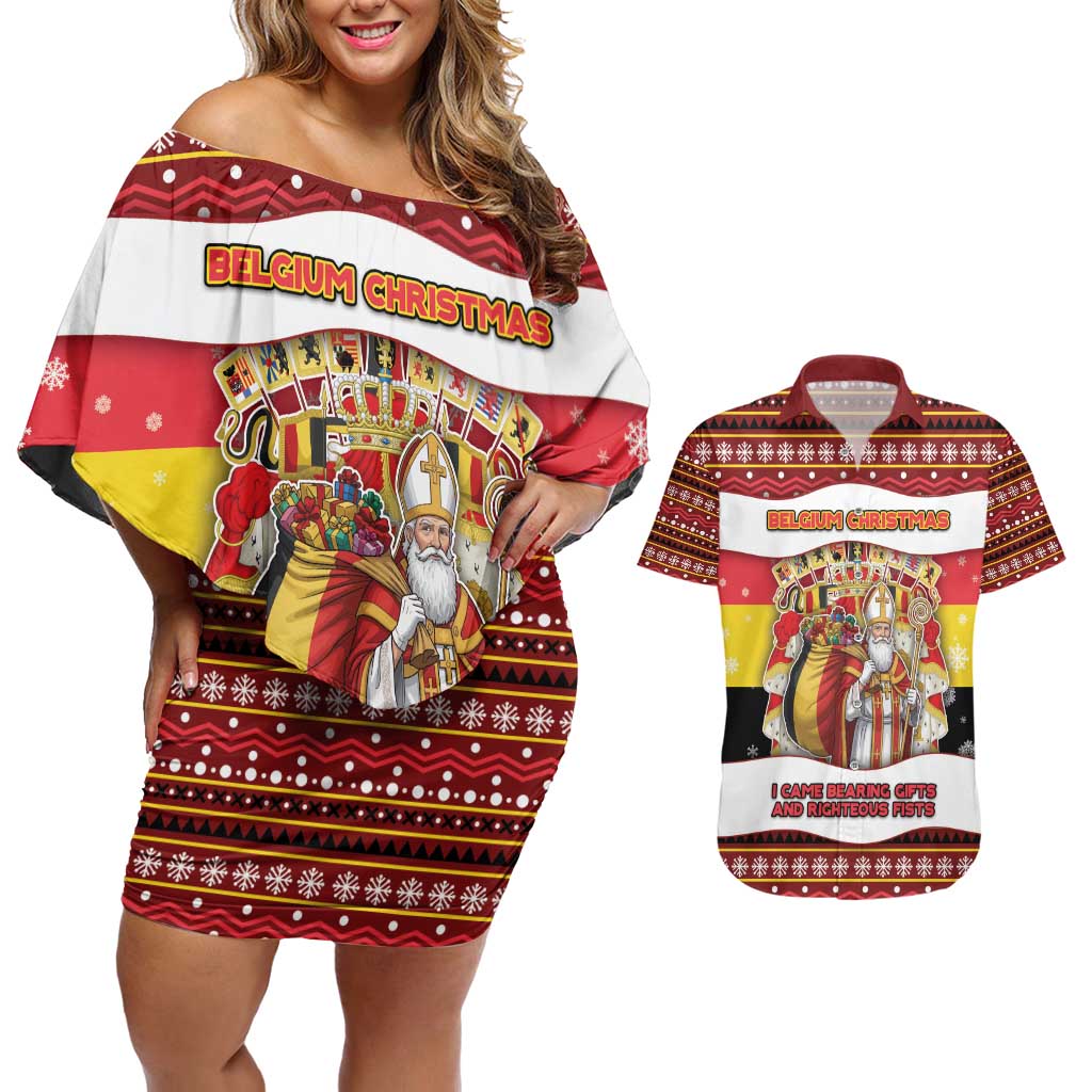 Personalized Belgium Couples Matching Off Shoulder Short Dress and Hawaiian Shirt Saint Nicholas With Patterns Xmas - Wonder Print Shop