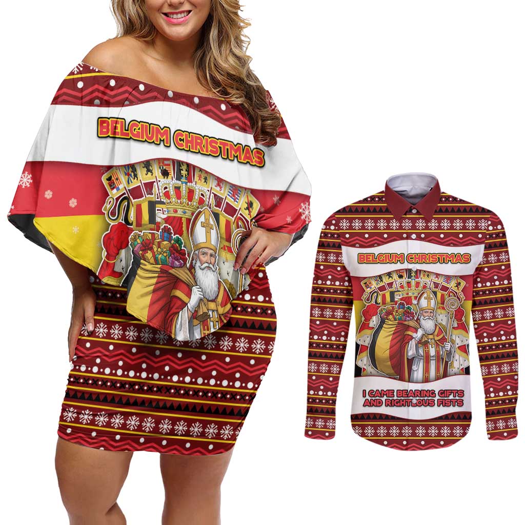 Personalized Belgium Couples Matching Off Shoulder Short Dress and Long Sleeve Button Shirt Saint Nicholas With Patterns Xmas - Wonder Print Shop