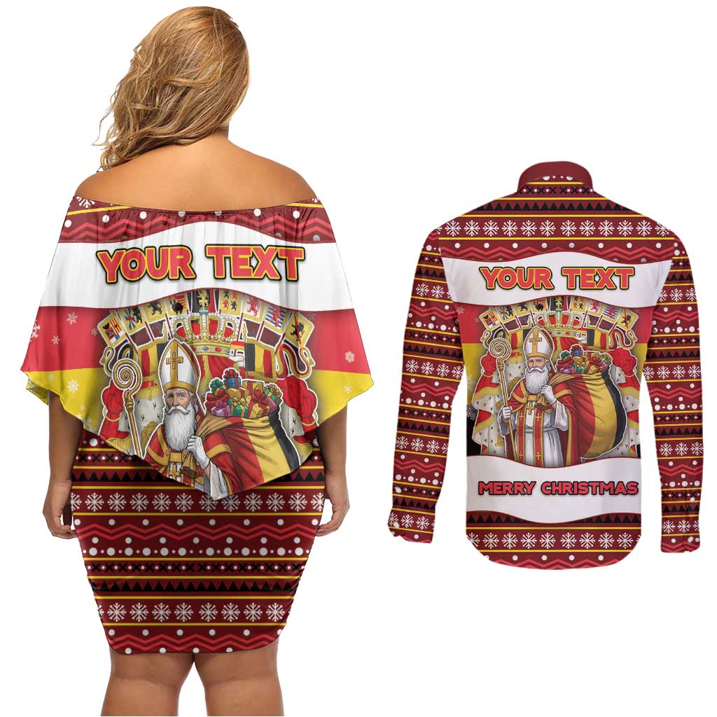 Personalized Belgium Couples Matching Off Shoulder Short Dress and Long Sleeve Button Shirt Saint Nicholas With Patterns Xmas - Wonder Print Shop