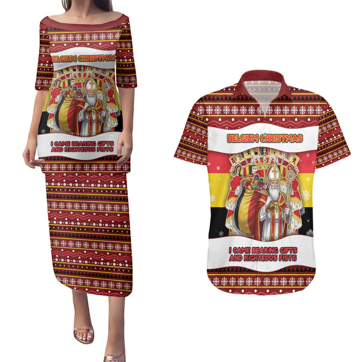Personalized Belgium Couples Matching Puletasi and Hawaiian Shirt Saint Nicholas With Patterns Xmas - Wonder Print Shop