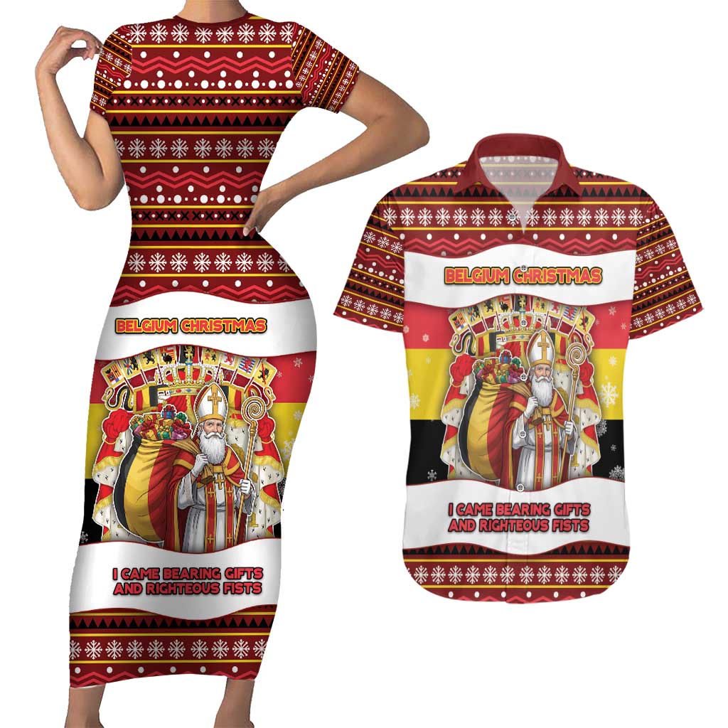 Personalized Belgium Couples Matching Short Sleeve Bodycon Dress and Hawaiian Shirt Saint Nicholas With Patterns Xmas - Wonder Print Shop