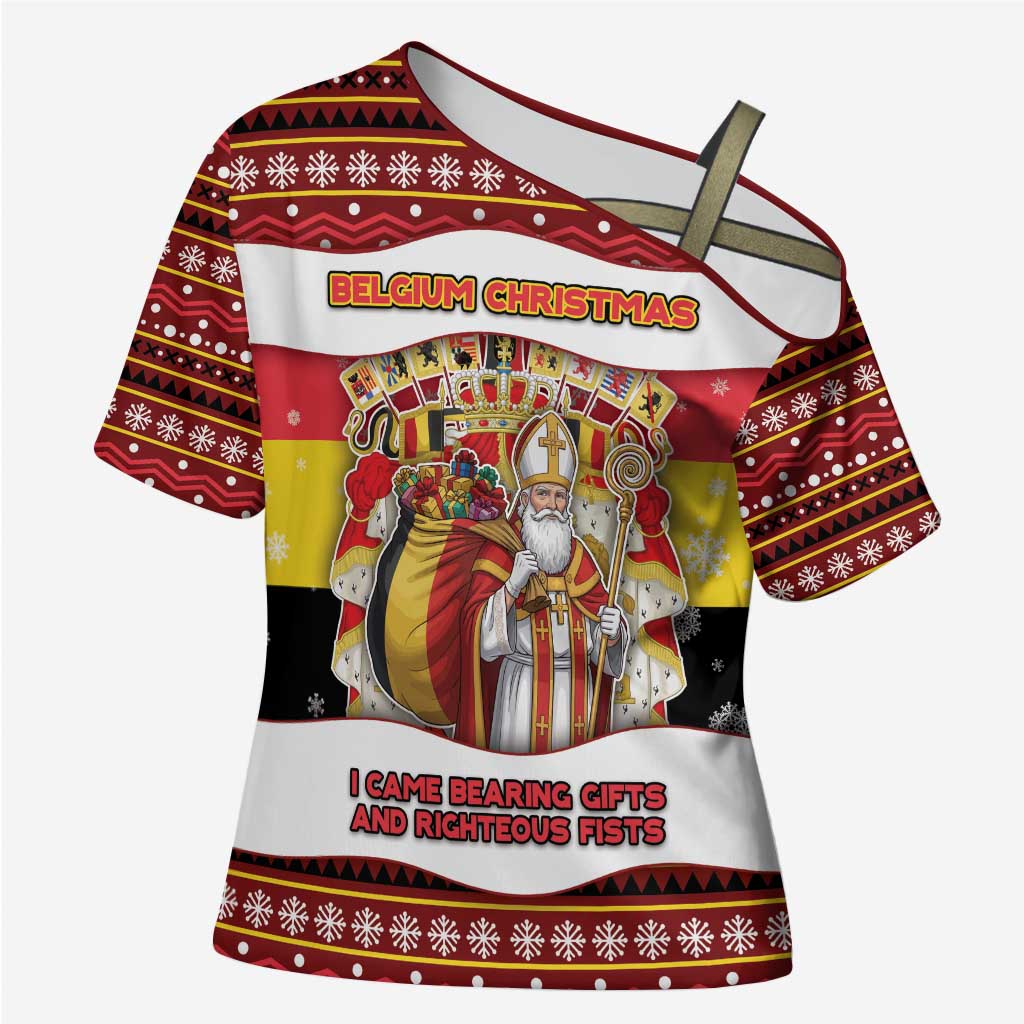 Personalized Belgium Cross Shoulder Shirt Saint Nicholas With Patterns Xmas - Wonder Print Shop