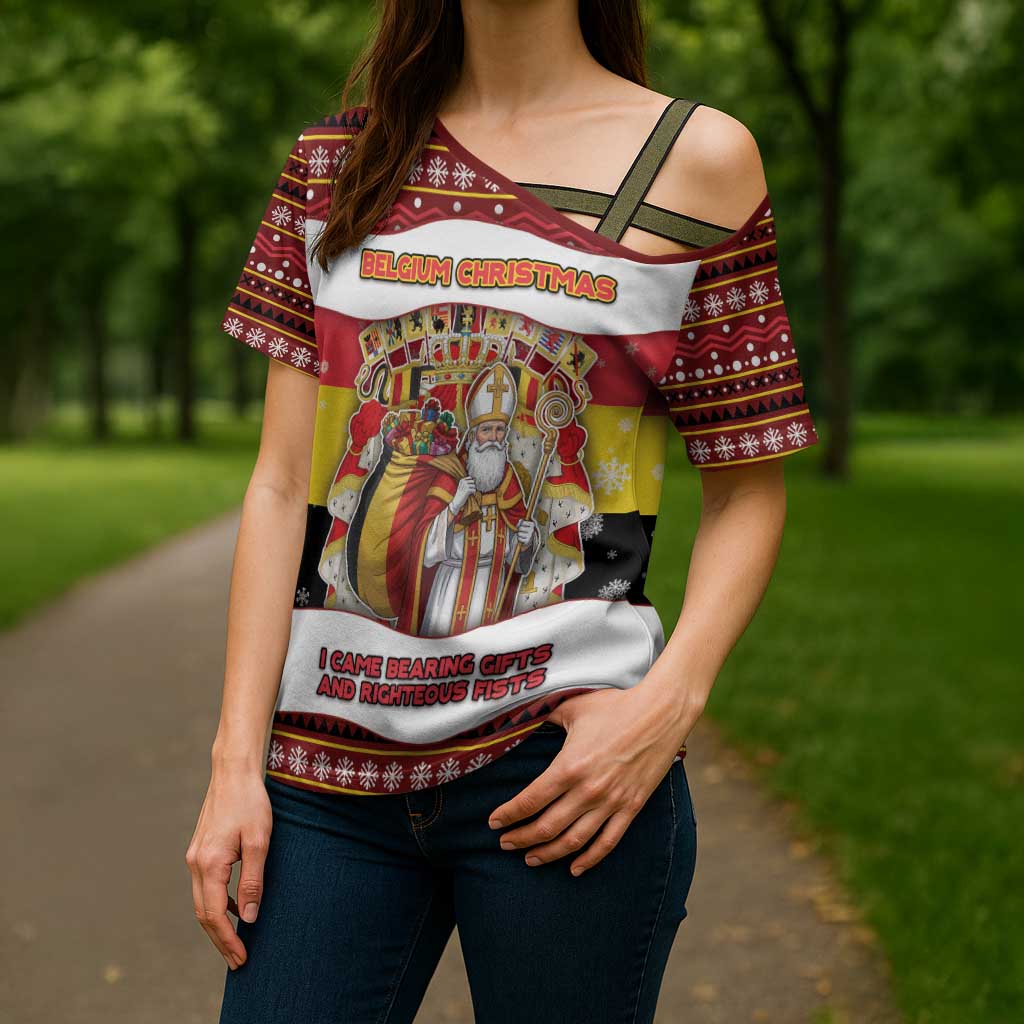 Personalized Belgium Cross Shoulder Shirt Saint Nicholas With Patterns Xmas - Wonder Print Shop