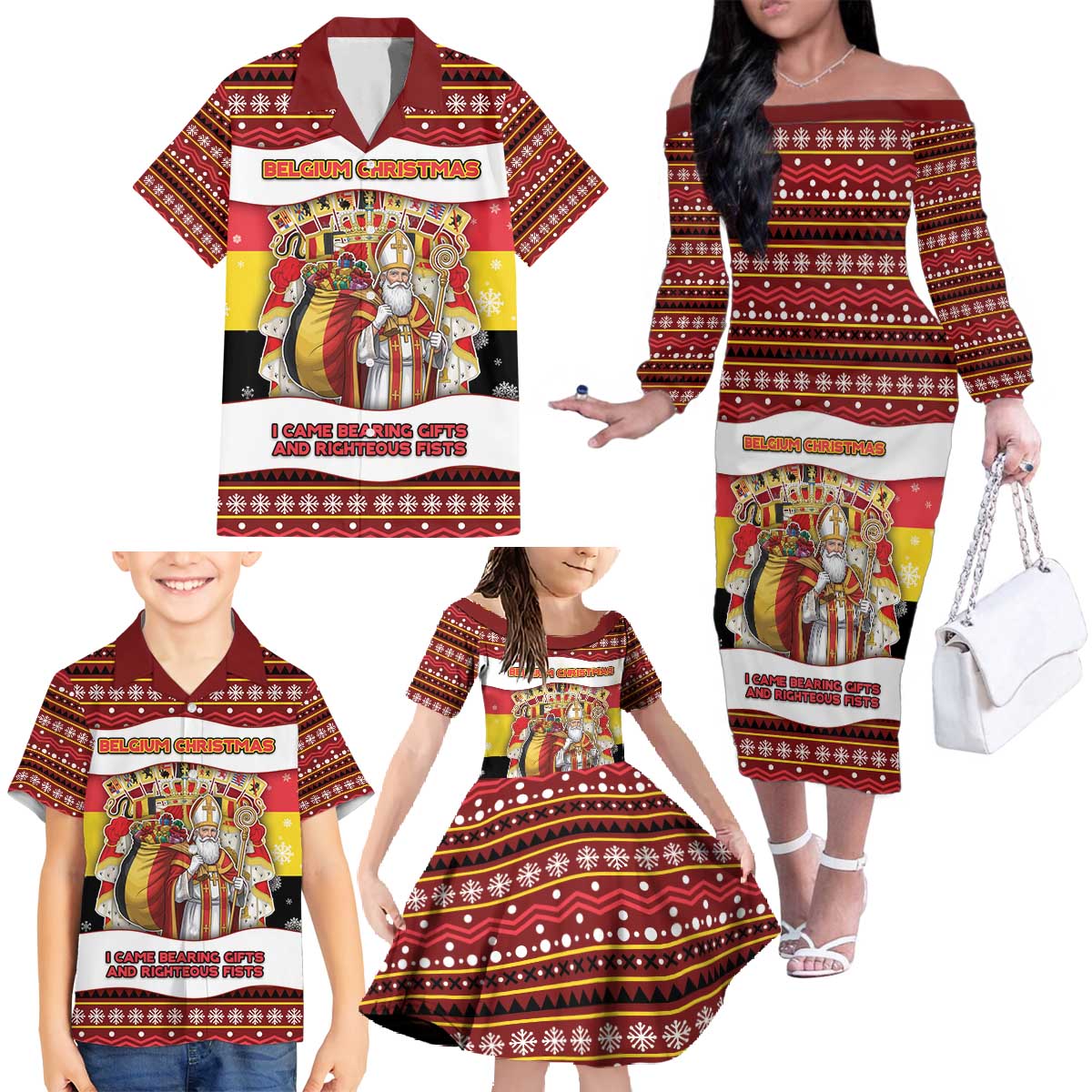 Personalized Belgium Family Matching Off The Shoulder Long Sleeve Dress and Hawaiian Shirt Saint Nicholas With Patterns Xmas - Wonder Print Shop