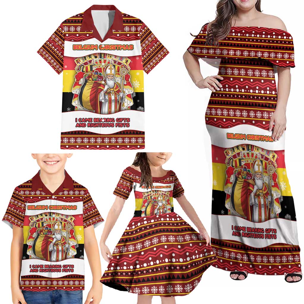 Personalized Belgium Family Matching Off Shoulder Maxi Dress and Hawaiian Shirt Saint Nicholas With Patterns Xmas - Wonder Print Shop