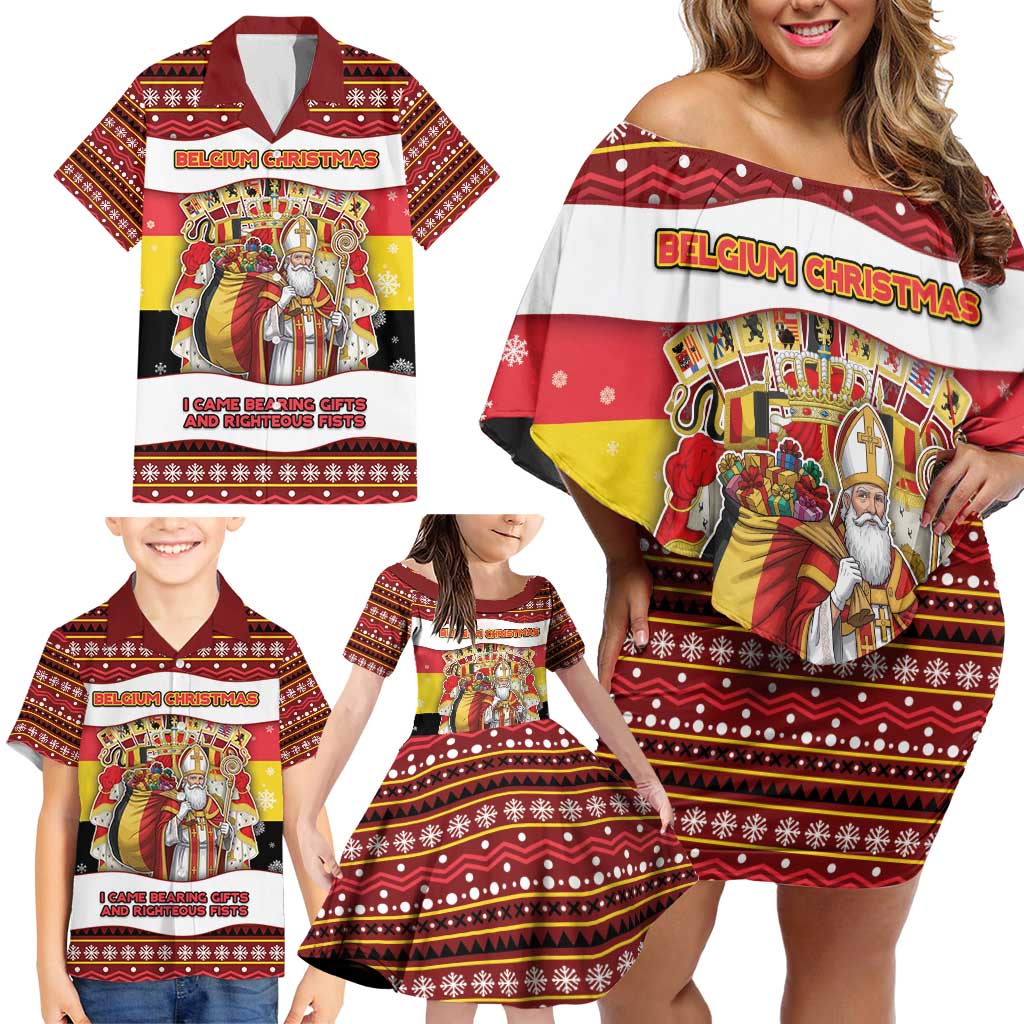 Personalized Belgium Family Matching Off Shoulder Short Dress and Hawaiian Shirt Saint Nicholas With Patterns Xmas - Wonder Print Shop