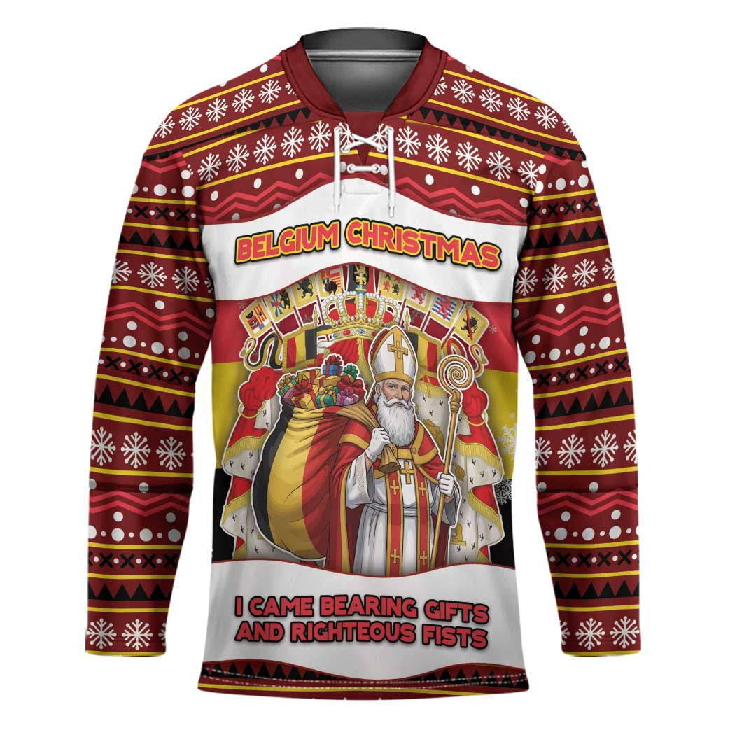 Personalized Belgium Hockey Jersey Saint Nicholas With Patterns Xmas - Wonder Print Shop