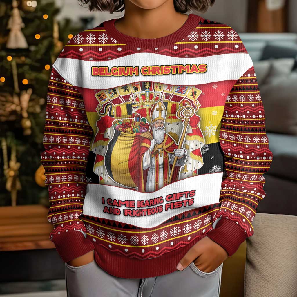 Personalized Belgium Kid Ugly Christmas Sweater Saint Nicholas With Patterns Xmas - Wonder Print Shop