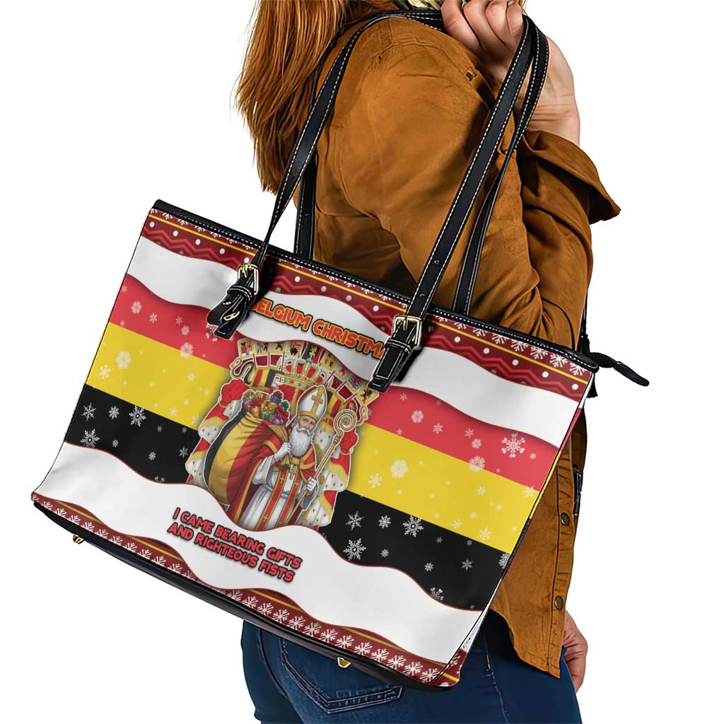 Belgium Leather Tote Bag Saint Nicholas With Patterns Xmas - Wonder Print Shop